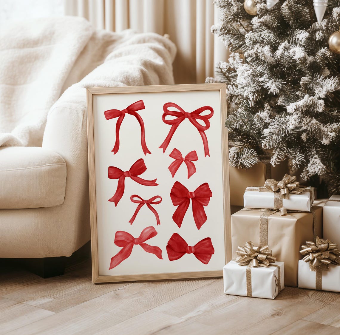 Red Christmas Bow Watercolor Collage Poster for Holiday Decor - Image 2