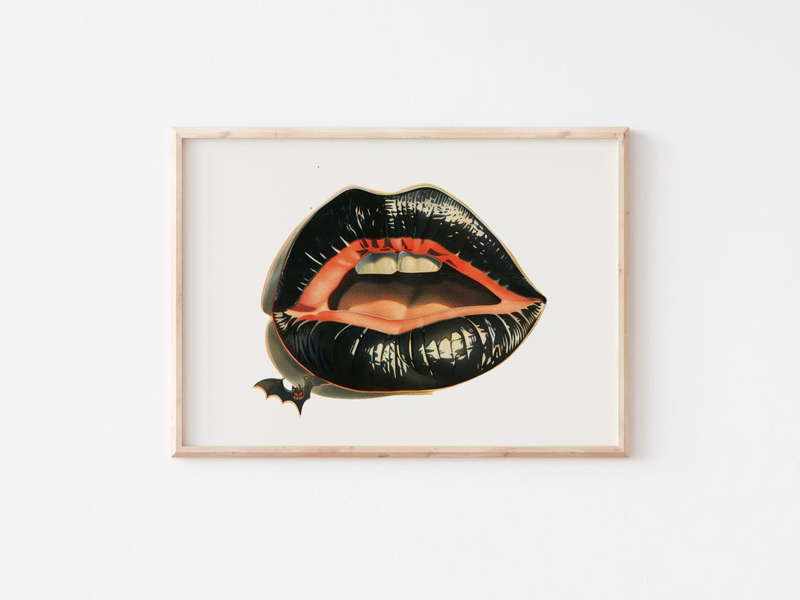 Black Vampire Lips With Red Mouth And Bat Gothic Halloween Poster - Image 3