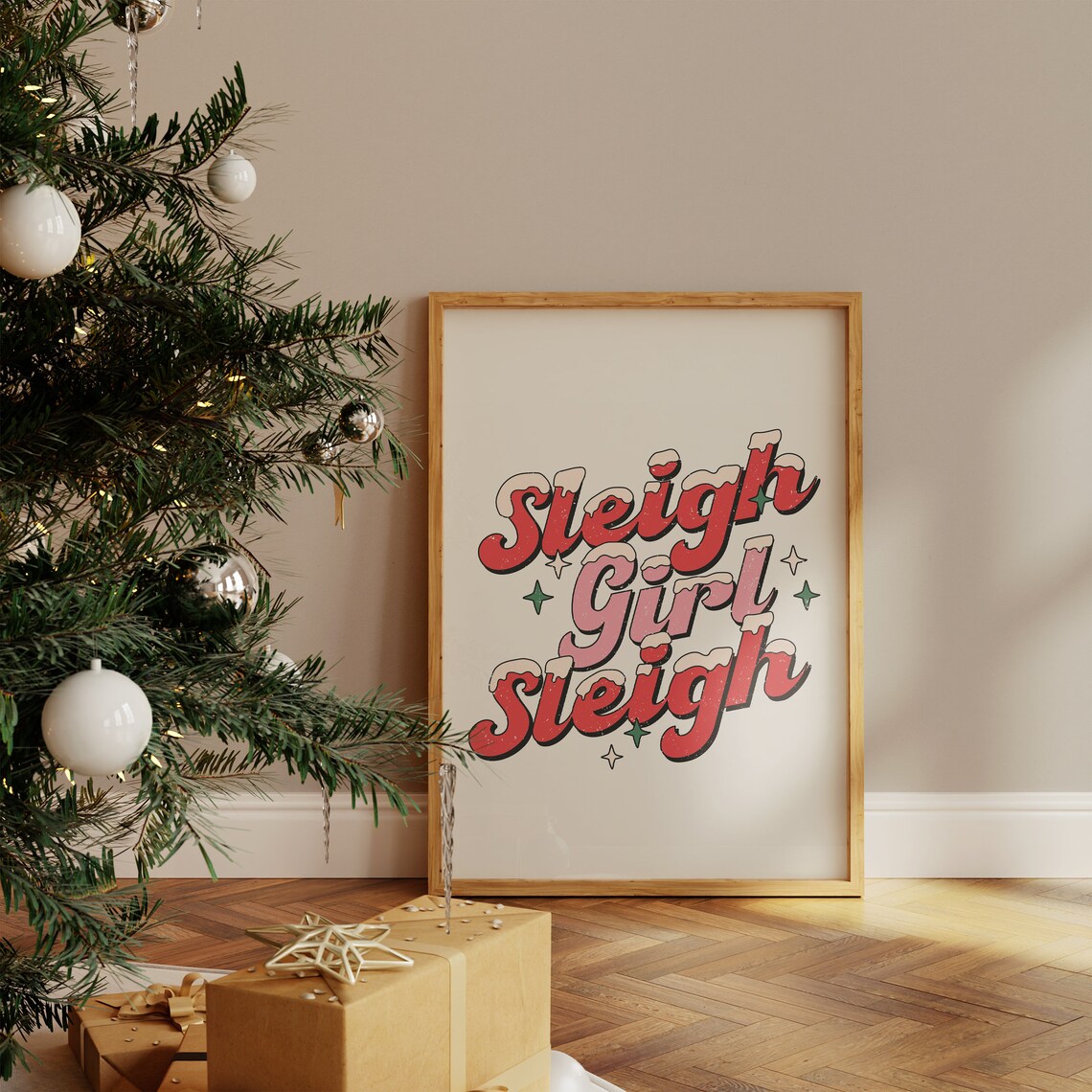 Sleigh Girl Sleigh Retro Red Snowy Typography Holiday Poster - Image 3