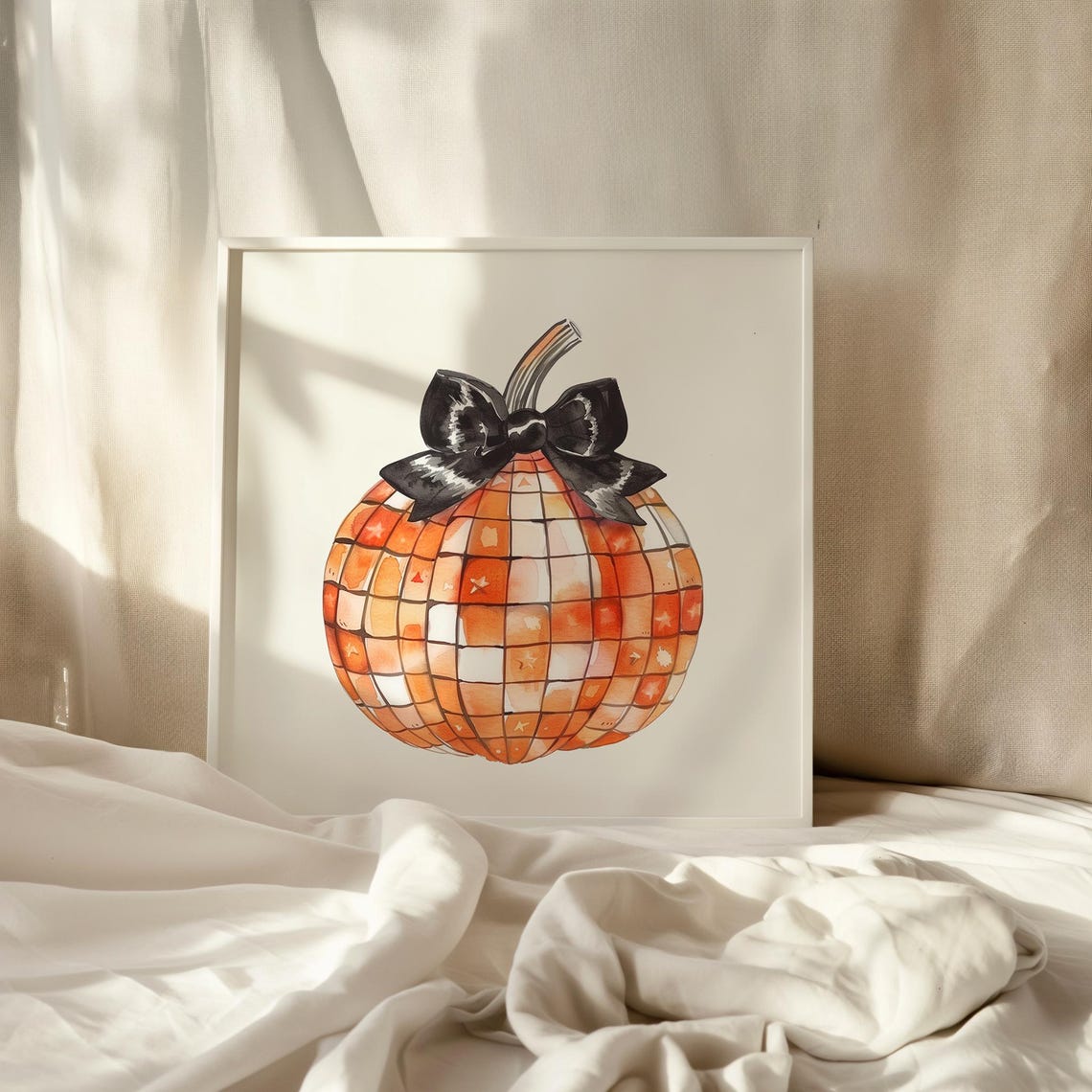 Disco Ball Checkered Pumpkin with Black Bow Halloween Art Poster - Image 2