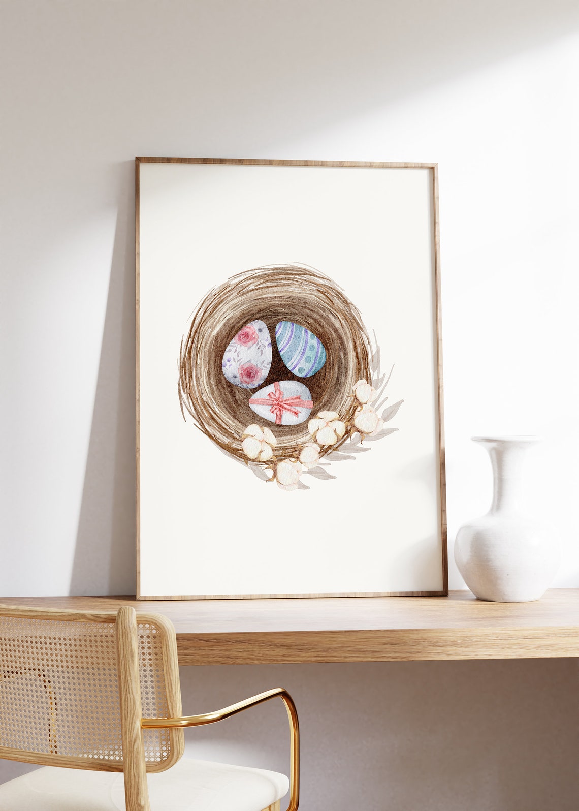 Easter Eggs In Rustic Twine Nest With White Cotton Blossoms Poster - Image 2