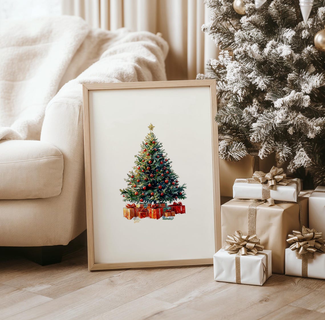 Watercolor Christmas Tree Red Ornaments Gift Boxes Holiday Poster - Image 3