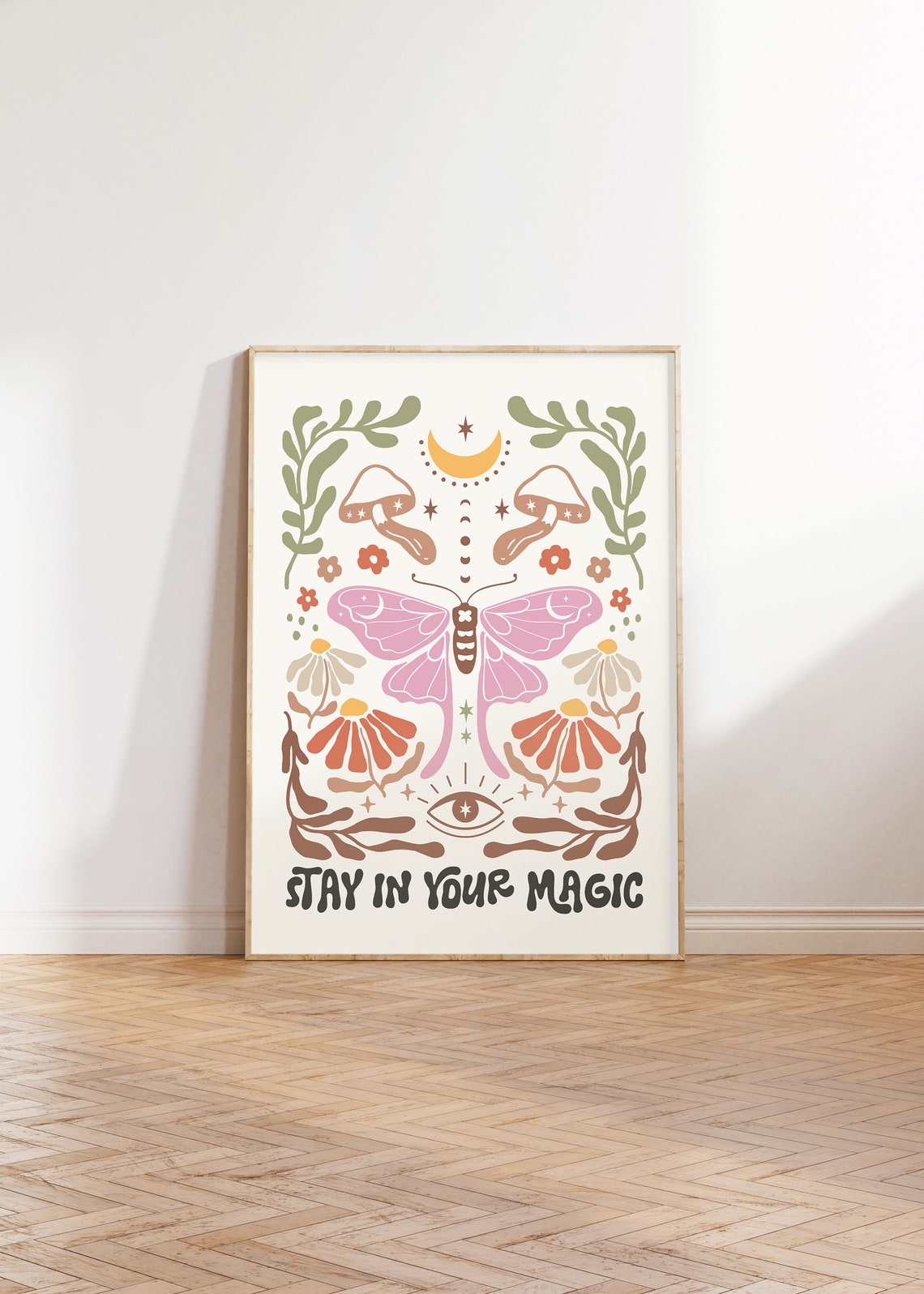 Stay in Your Magic Pink Moth Celestial Boho Floral Quote Poster - Image 3