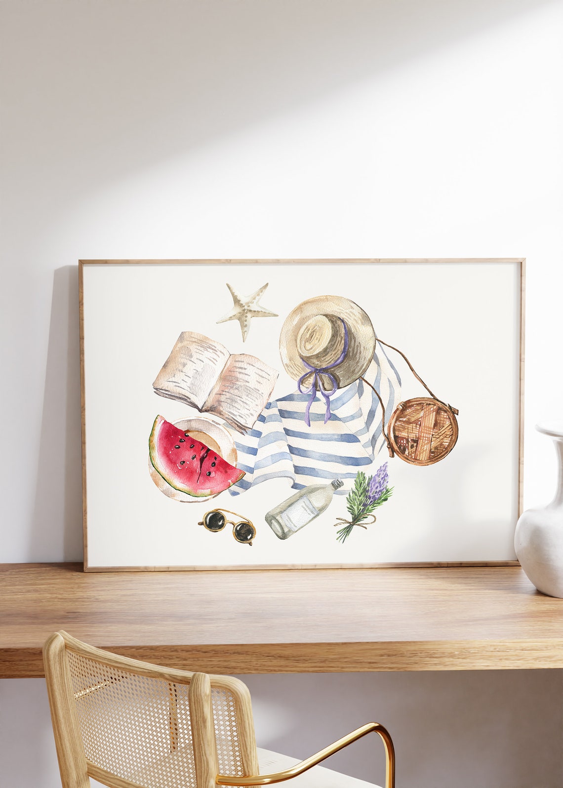 Beach Day Essentials Flat Lay Watercolor Towel Hat Book Summer Poster - Image 5