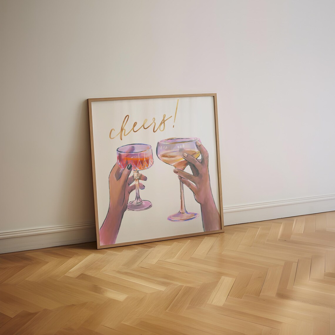 Cheers Gold Script Cocktail Glasses Bar Cart Clinking Art Poster