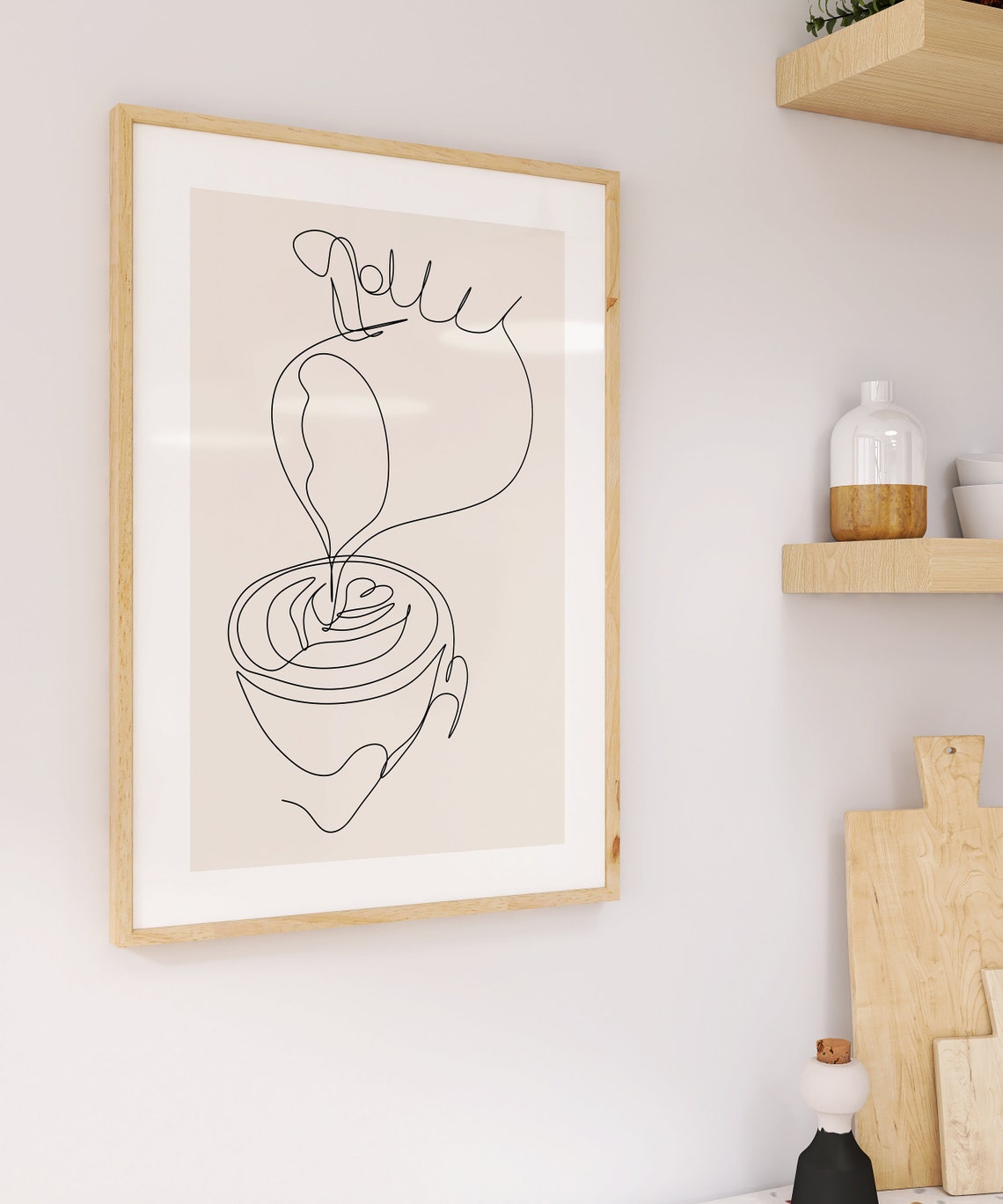 Hand Drawn Single Line Coffee Cup Minimal Neutral Kitchen Wall Art - Image 2