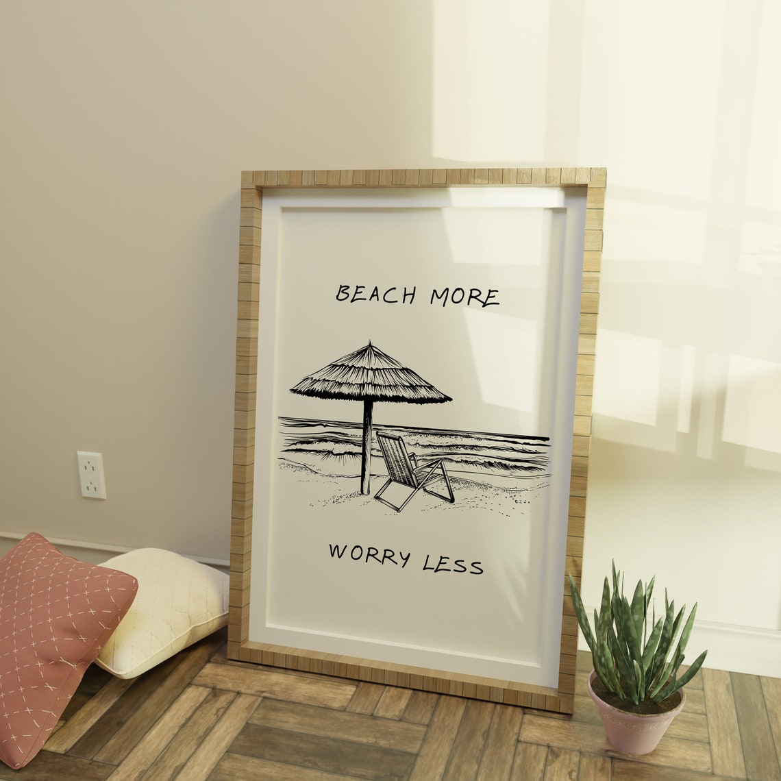 Beach More Worry Less Umbrella Coastal Line Art Beach Wall Poster - Image 3