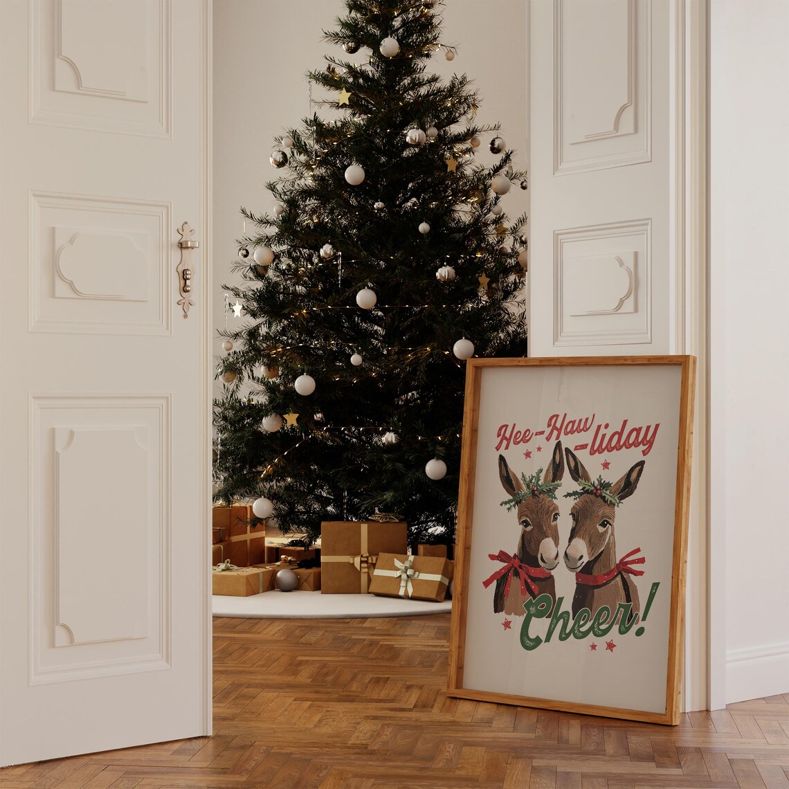 Hee-Haw-liday Cheer Funny Christmas Donkey Watercolor Poster - Image 4