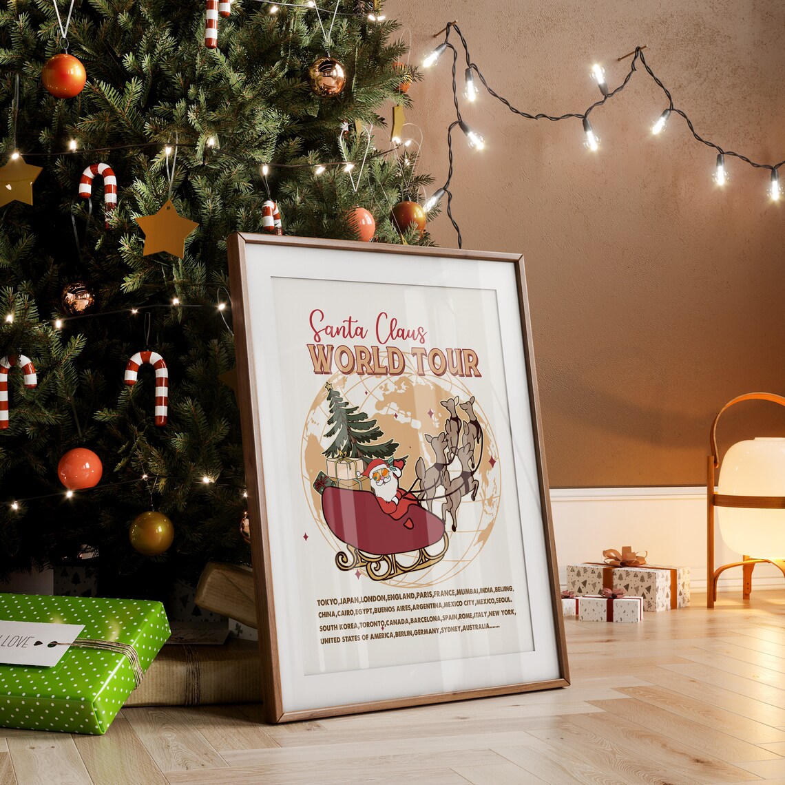 Santa Claus World Tour Sleigh Over Globe Cities Retro Holiday Poster - Image 2