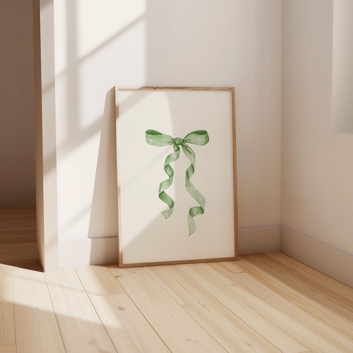Sage Green Watercolor Ribbon Bow With Flowing Tails Coquette Print - Image 2