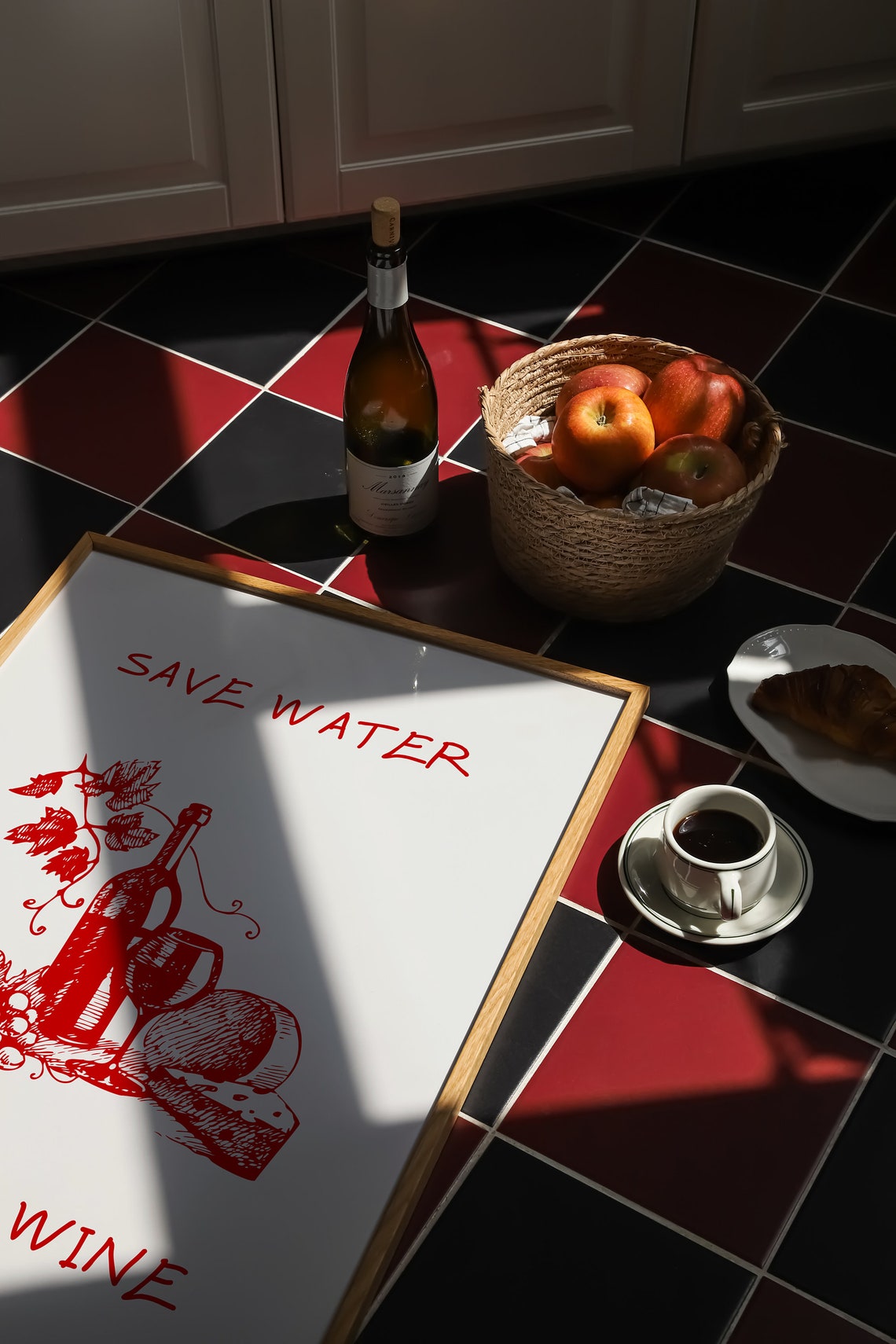 Save Water Drink Wine Red Vine and Bottle Still Life Wall Poster - Image 3