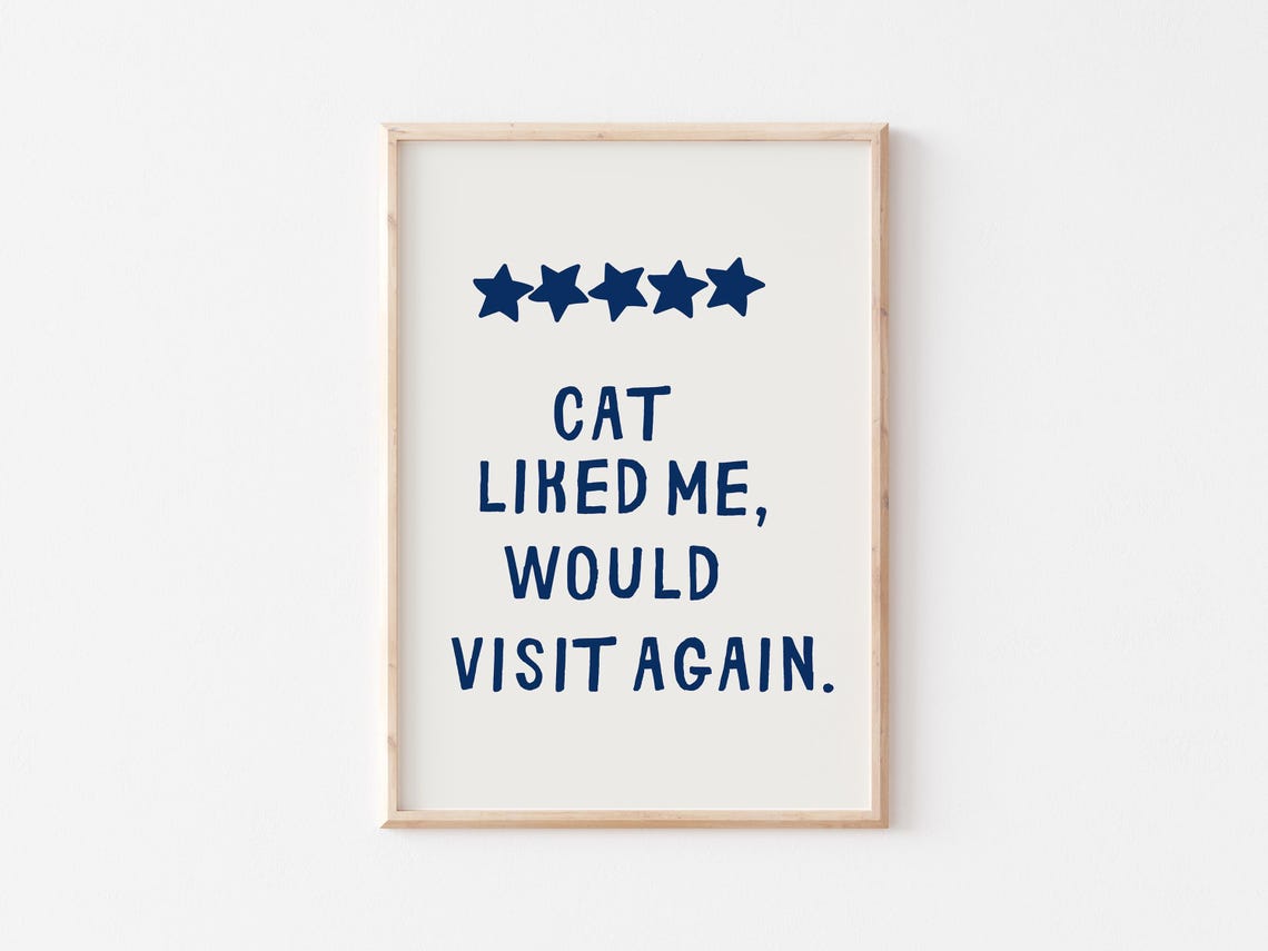 Five Star Funny Cat Review Cat Liked Me Would Visit Again Quote Poster - Image 2