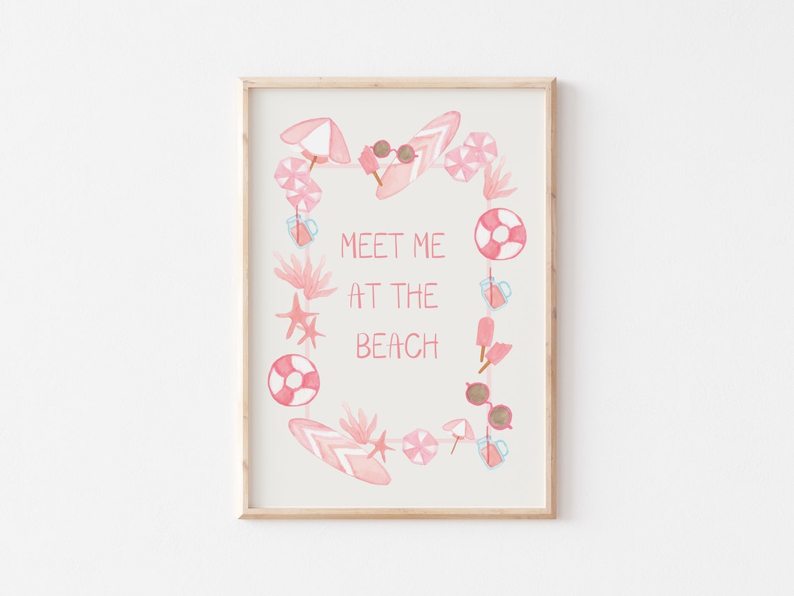 Meet Me At The Beach Pink Watercolor Beach Icon Collage Poster - Image 5