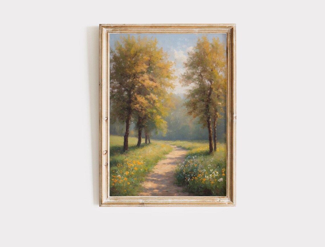 Golden Autumn Woodland Path With Wildflowers Nature Art Poster - Image 2