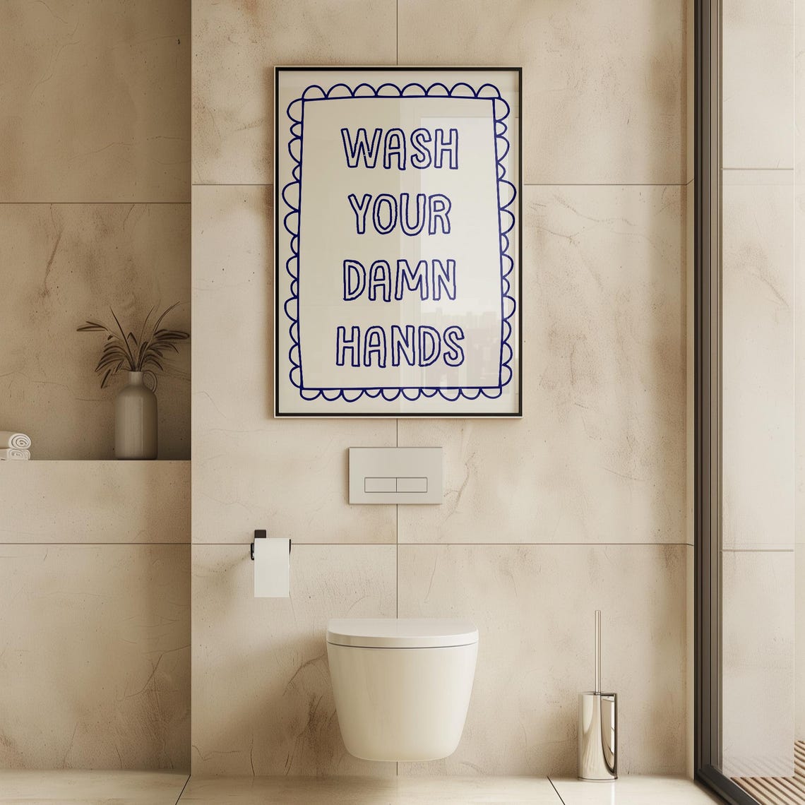 Wash Your Damn Hands Blue Scallop Funny Bathroom Quote Poster - Image 4
