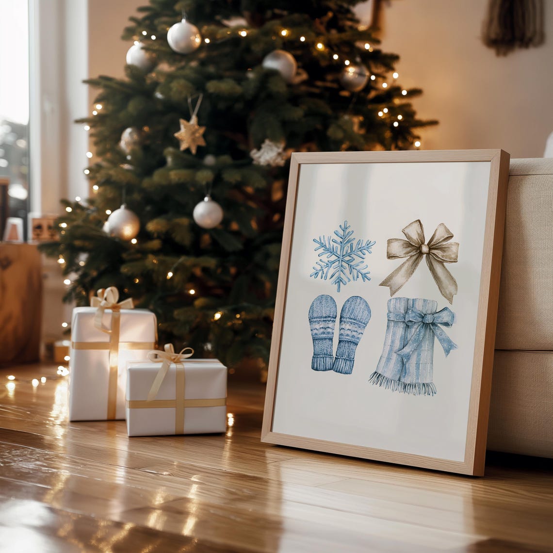 Blue Christmas Snowflake Mittens Scarf Winter Watercolor Poster - Image 2