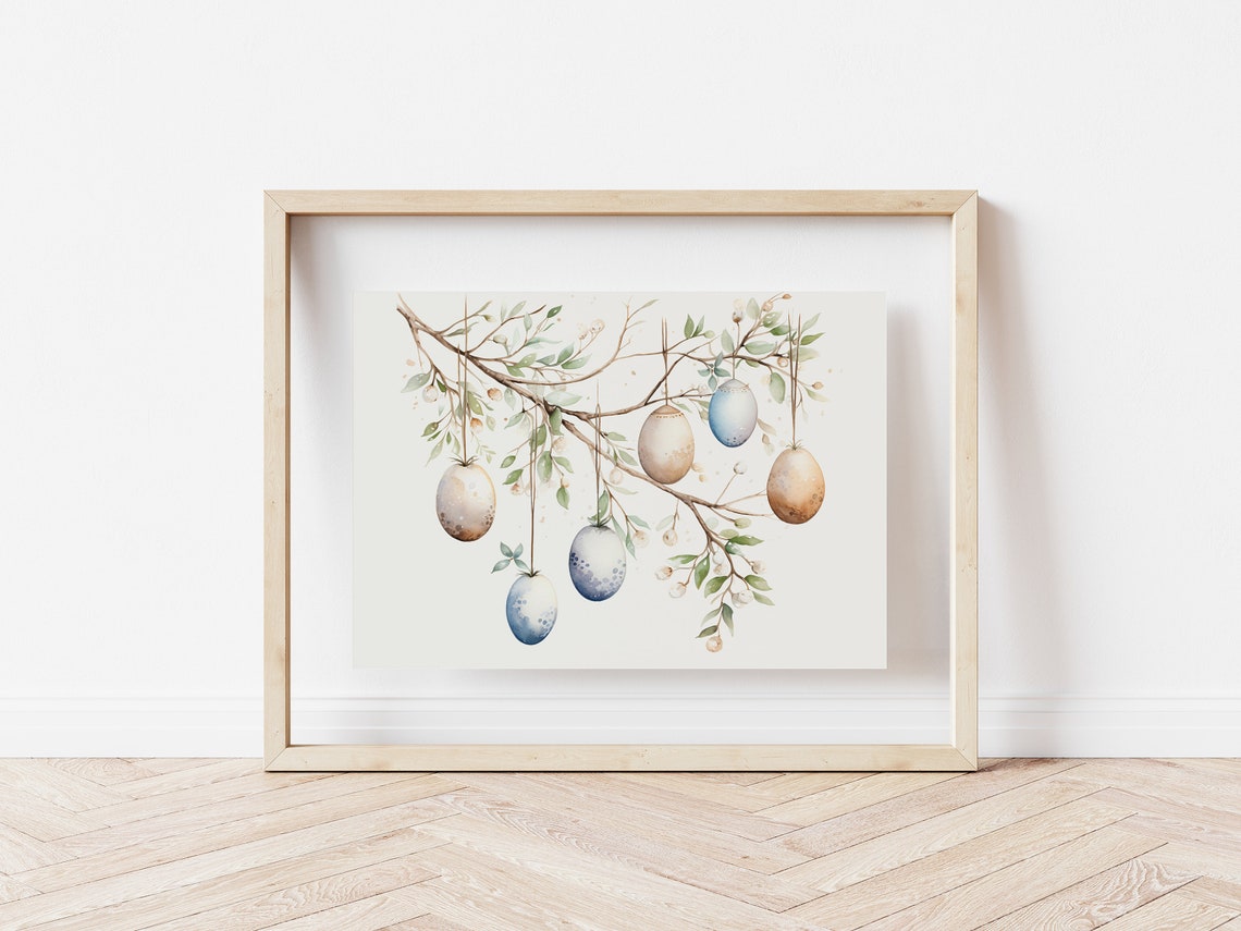 Easter Eggs Hanging From Blossom Branch Neutral Watercolor Poster - Image 4