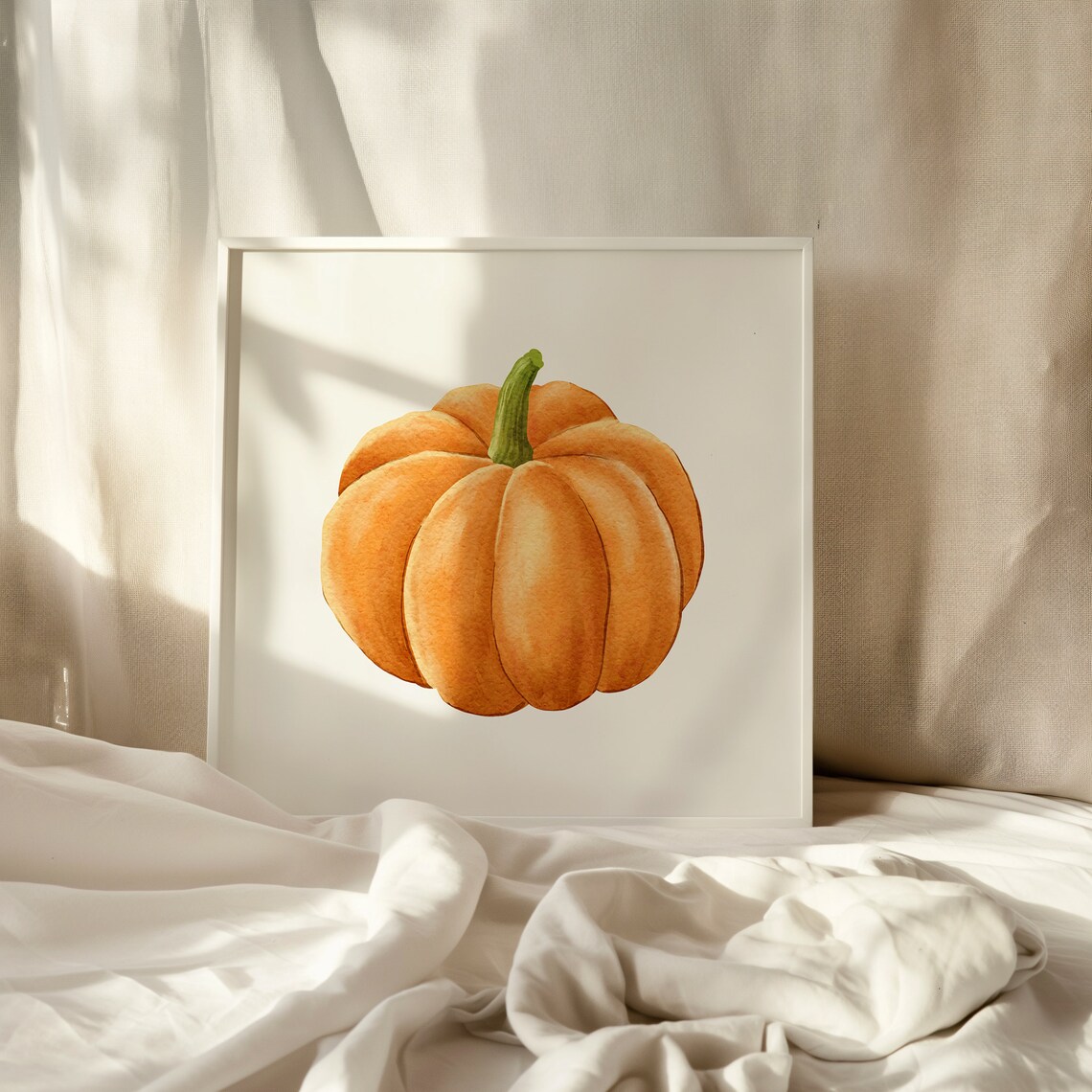 Watercolor Orange Pumpkin With Tall Green Stem Fall Art Poster - Image 4