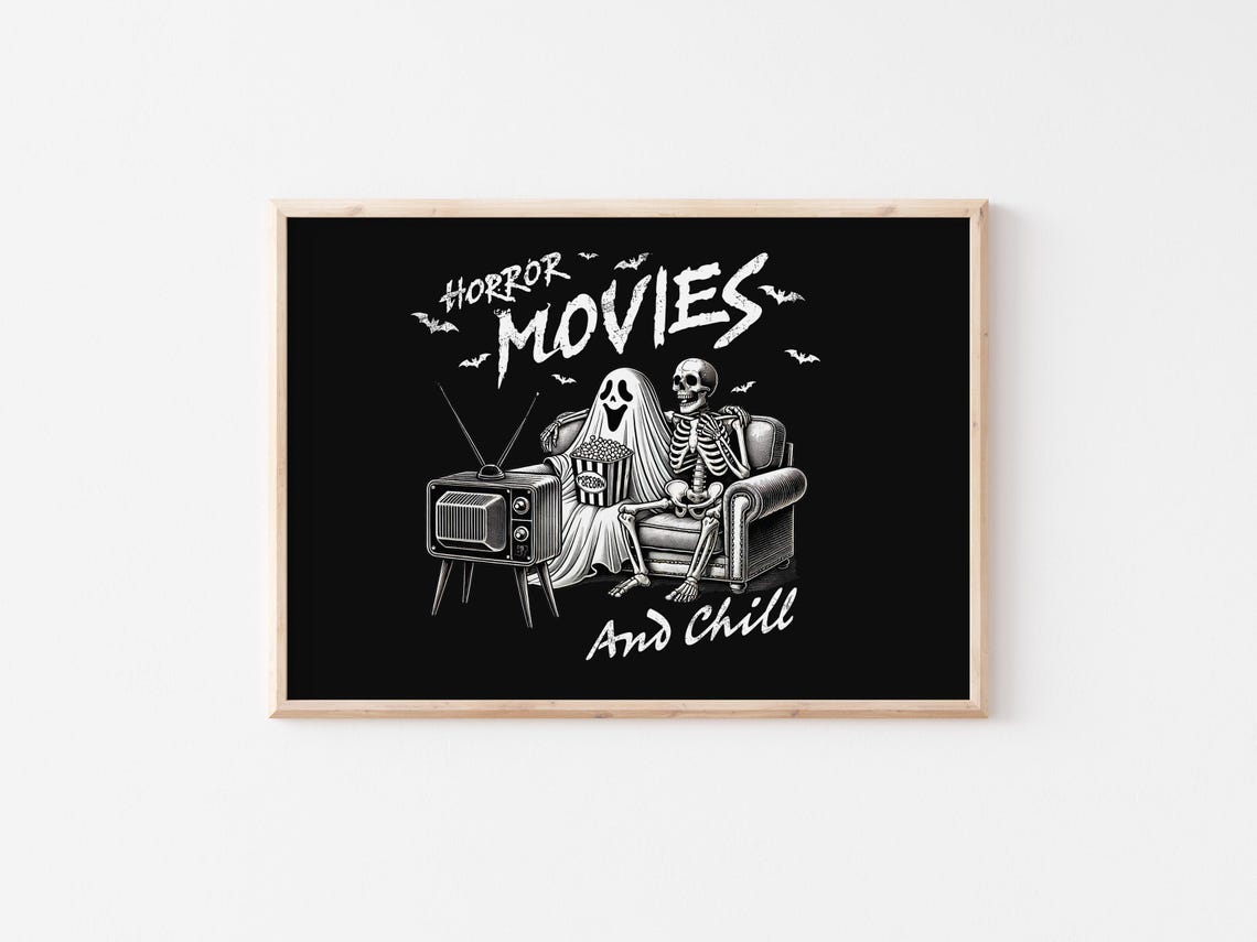 Horror Movies And Chill Ghost Skeleton TV Spooky Halloween Poster - Image 5