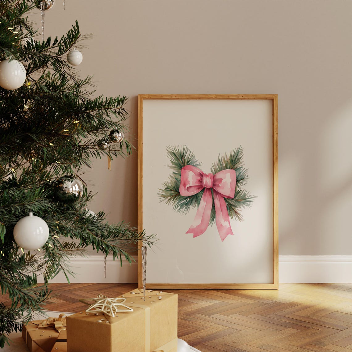 Coquette Pink Bow Pine Sprig Watercolor Christmas Decor Poster - Image 3