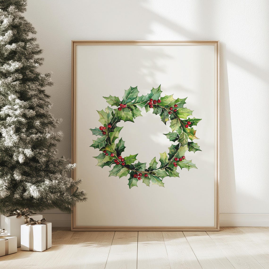 Holly Berry Wreath Watercolor Botanical Christmas Holiday Poster - Image 3