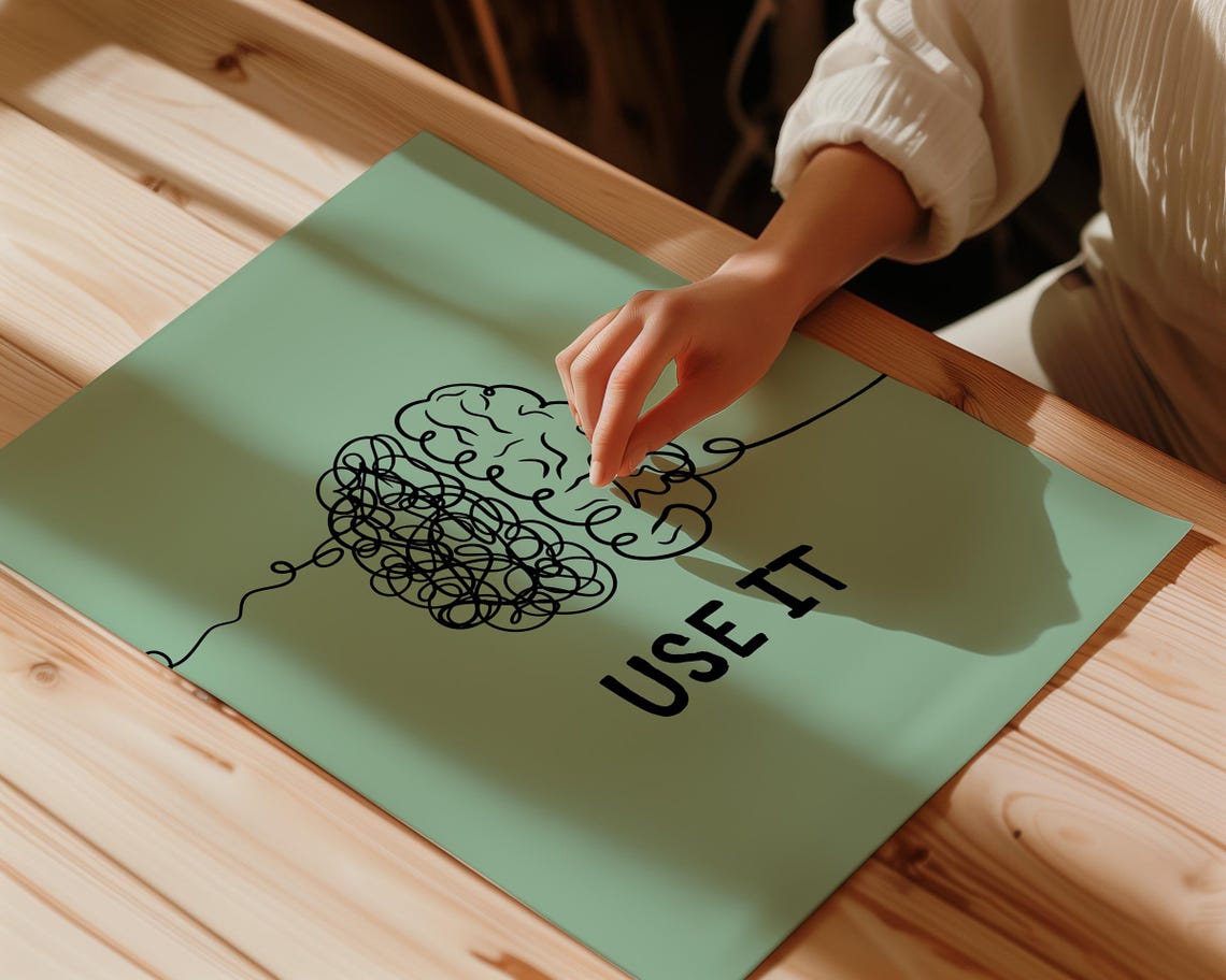 Use It Half Tangled Brain Line Drawing Sage Green Mental Health Poster - Image 3