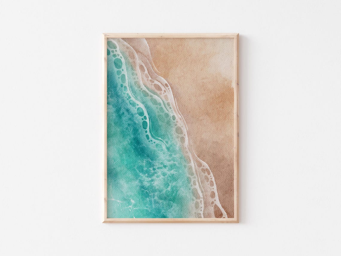 Frothy Teal Wave Crashing Onto Warm Tan Sand Shoreline Print - Image 2