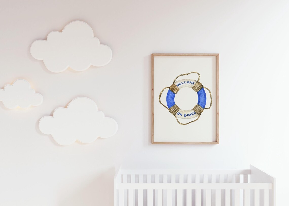 Welcome On Board Painted Life Buoy Rope Detail Nautical Watercolor Poster - Image 2
