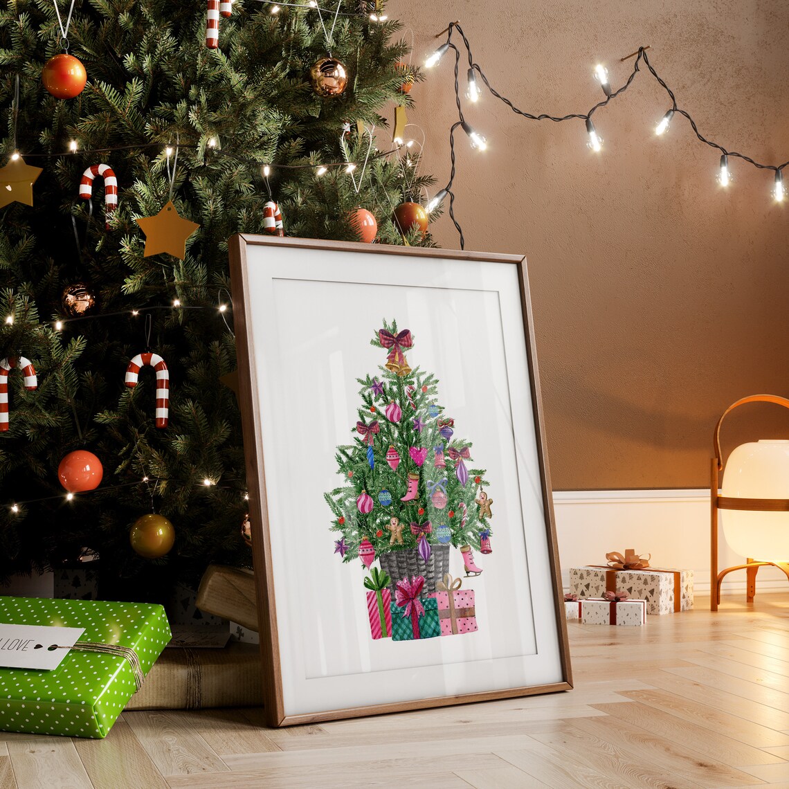 Pink Christmas Tree Watercolor With Gifts Preppy Holiday Wall Art - Image 5