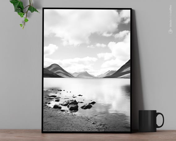 Lake Landscape Print Black And White Mountain View