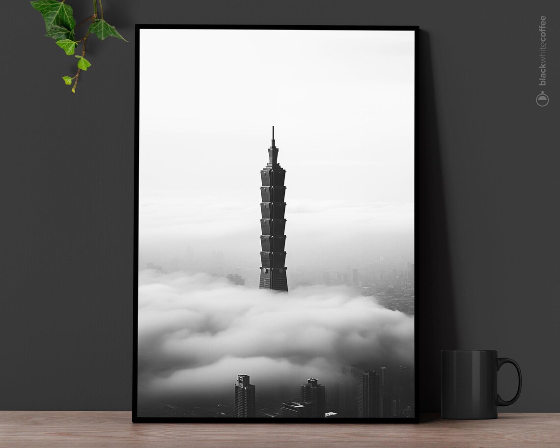 Taipei 101 Tower Rising Above Clouds Black and White Photo Poster