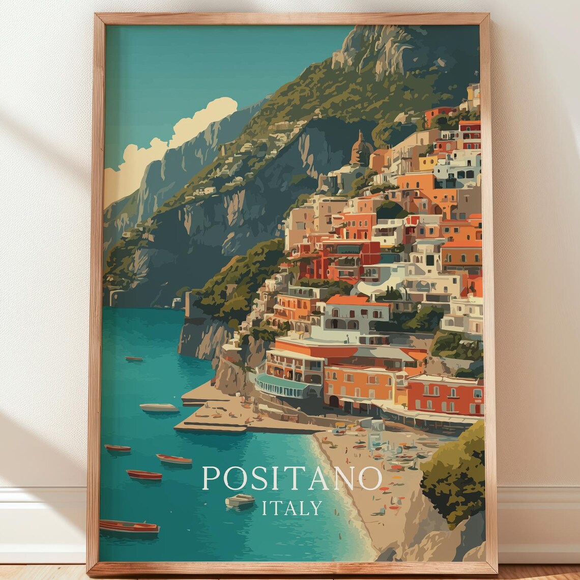 Positano Italy Amalfi Coast Cliffside Village Boats Vintage Travel Poster