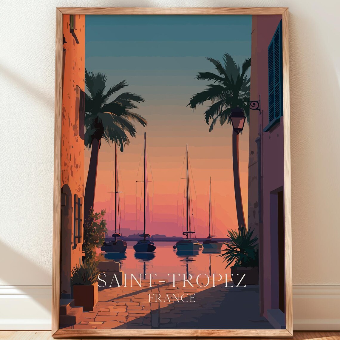 Saint-Tropez France Harbor Sunset Sailboats Vintage Travel Poster