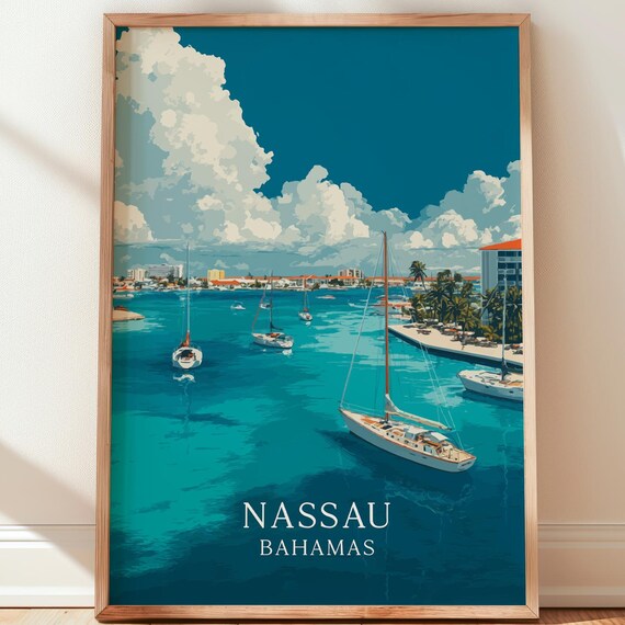 Nassau Bahamas Harbor Sailboats Turquoise Water Caribbean Travel Poster