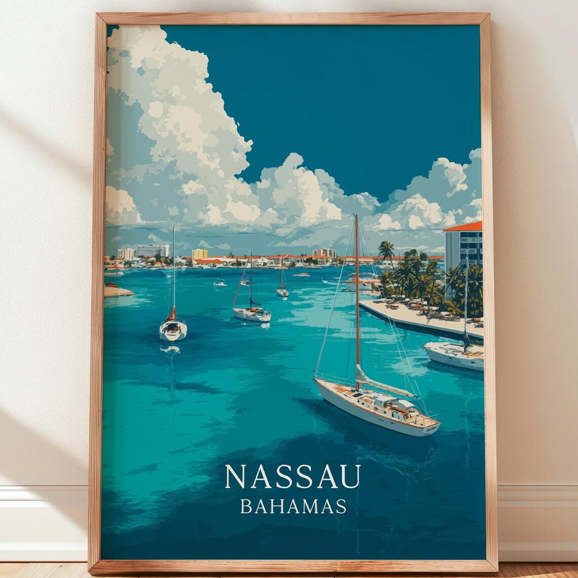 Nassau Bahamas Harbor Sailboats Turquoise Water Caribbean Travel Poster