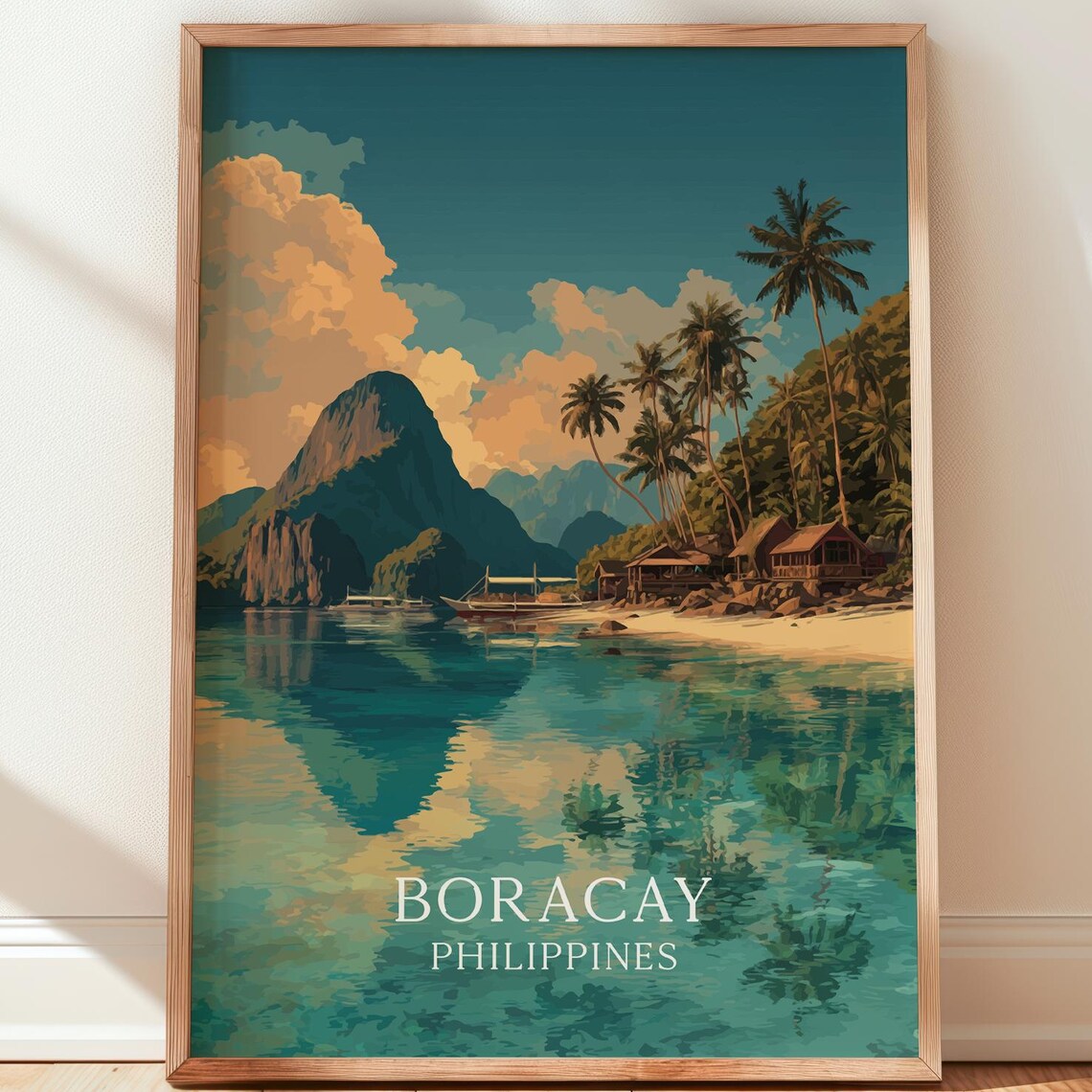 Boracay Philippines Limestone Cliffs Palms Bangka Boat Beach Travel Poster