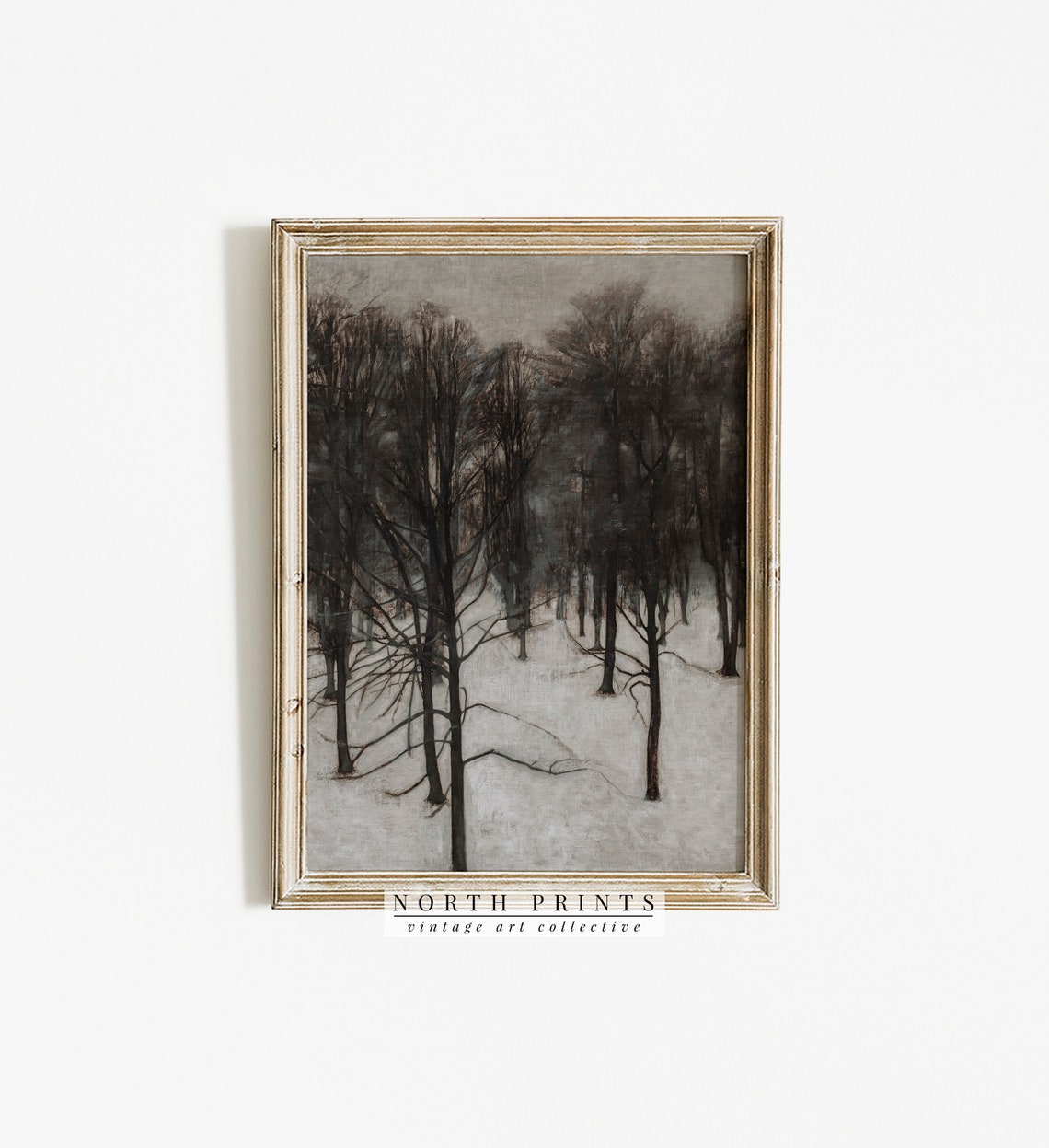 Moody Dark Winter Forest Bare Trees Snow Vintage Painting Poster - Image 2