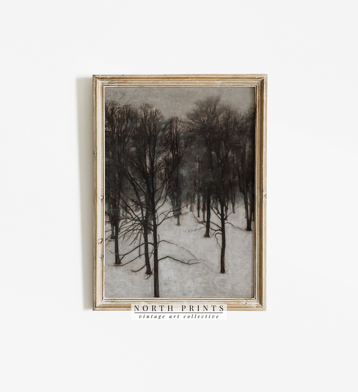 Vintage Moody Winter Forest Painting Dark Neutral Rustic Art North Prints W76 - Image 2