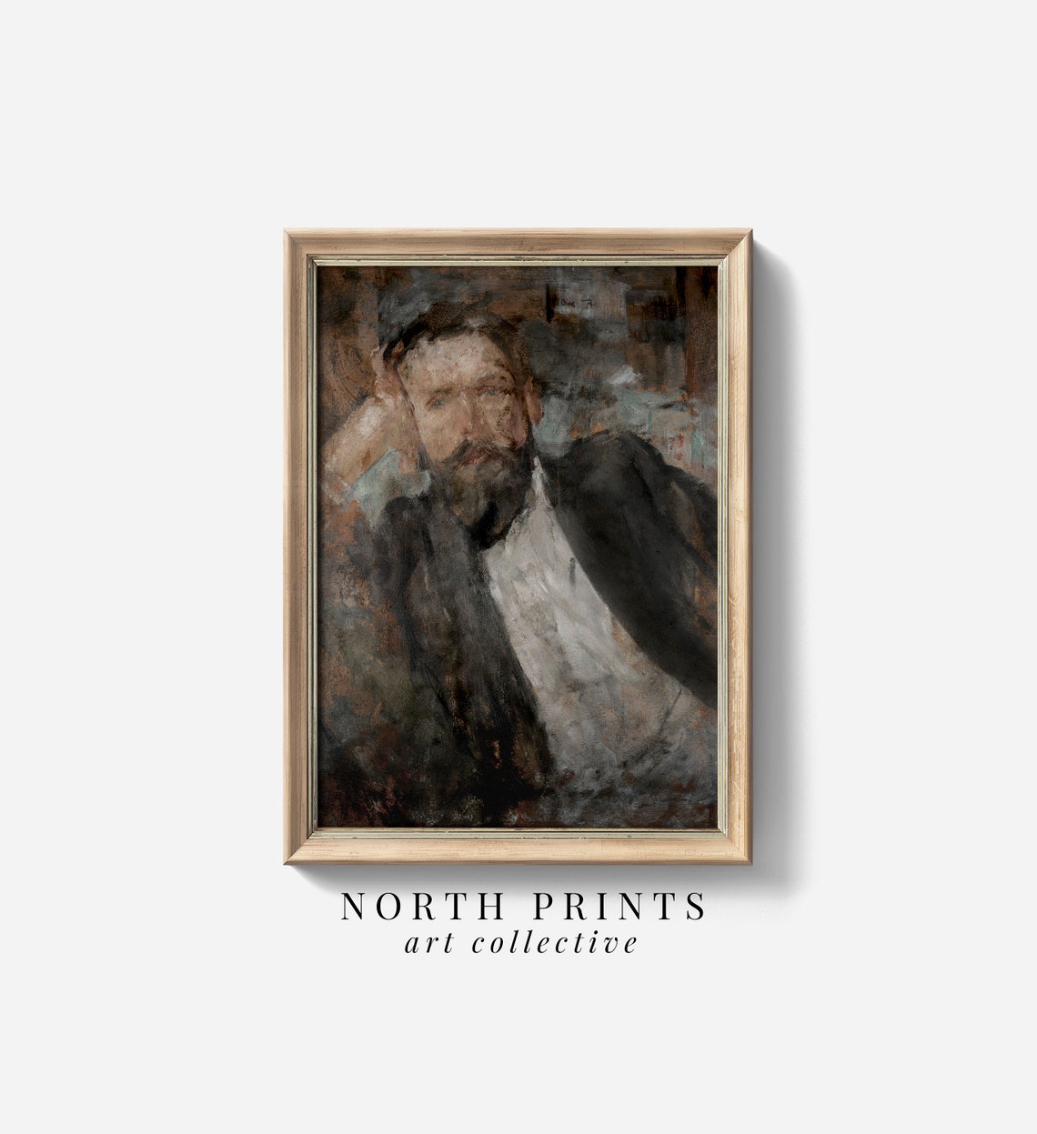 Vintage Moody Portrait Painting Bearded Man Neutral Tones Wall Art