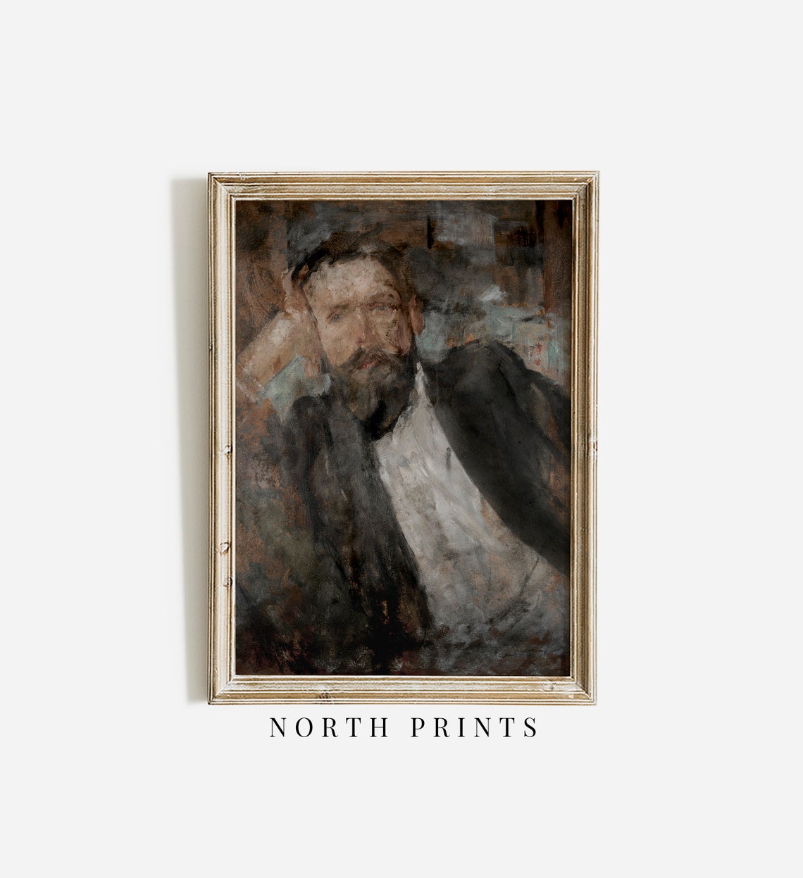 Vintage Moody Portrait Painting Bearded Man Neutral Tones Wall Art - Image 3