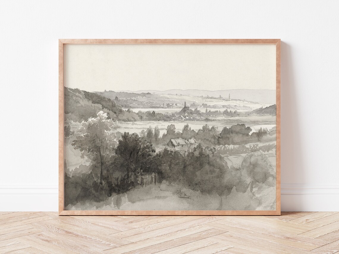 Muted Watercolor Rustic Valley Landscape Art Print - Image 3