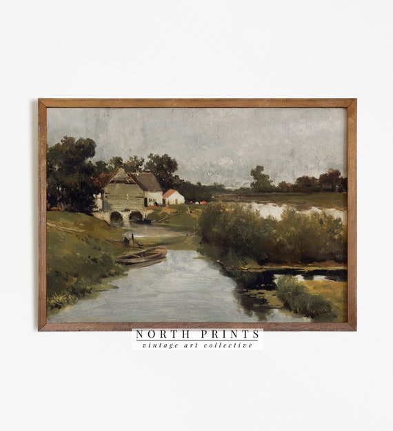 Country Farmhouse Painting Vintage River Landscape Print Decor 696