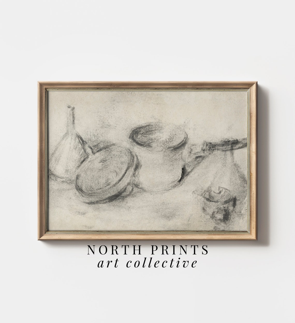 Antique Charcoal Still Life Sketch Pottery Pots Kitchen Poster