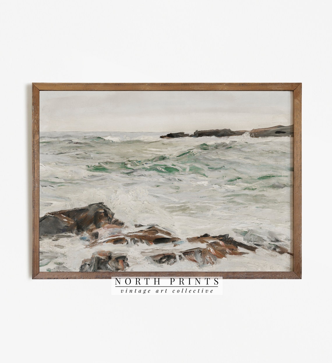 Muted Green Ocean Waves Rocky Shore Seascape Painting Poster - Image 4