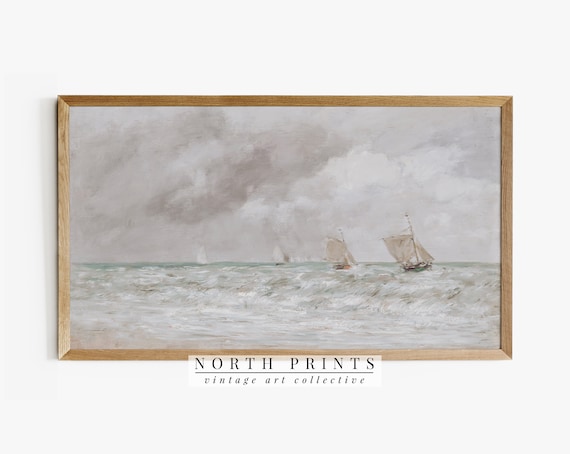Vintage Coastal Seascape Sailboats Cloudy Gray Sky Muted Art Poster