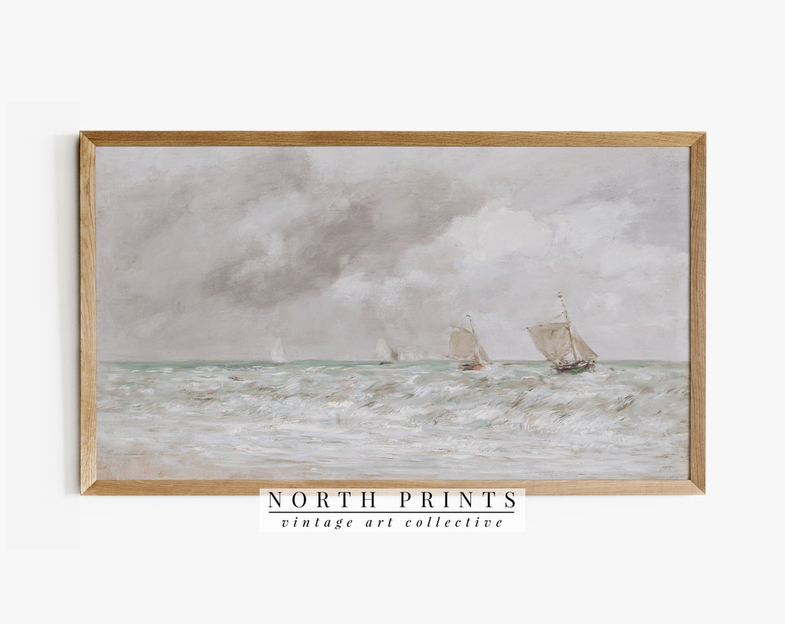 Vintage Coastal Seascape Sailboats Cloudy Gray Sky Muted Art Poster