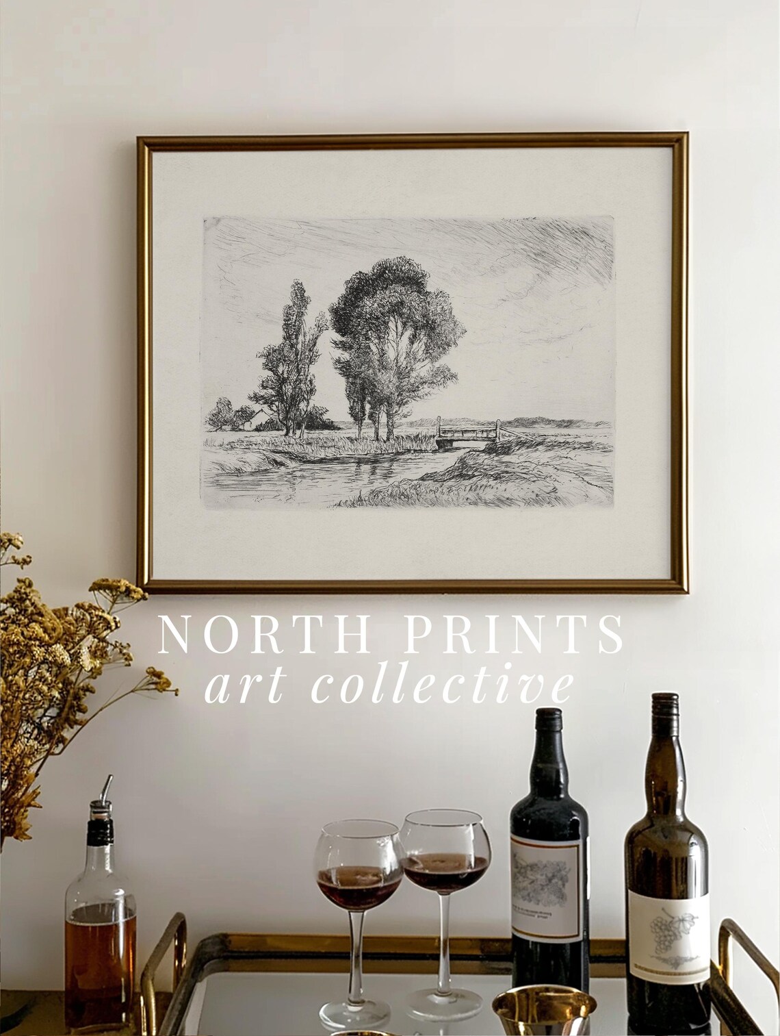 Antique Neutral Country Landscape Sketch Art Print - Image 2