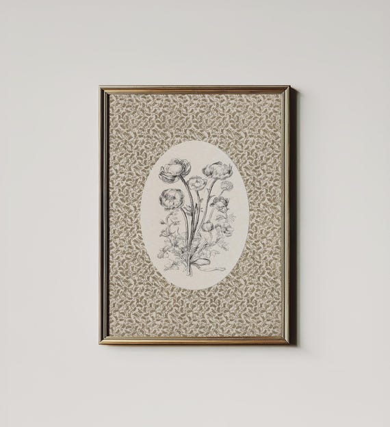 Neutral Vintage Floral Art Print, Cottage Nursery Decor