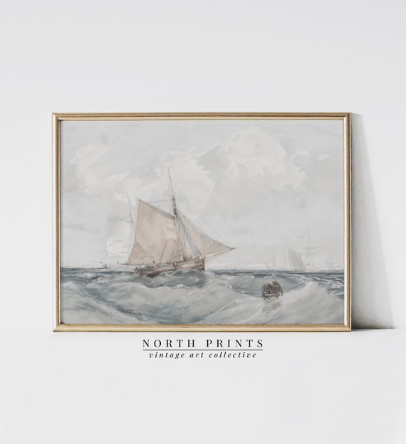 Vintage Muted Blue Coastal Watercolor Sailing Art Print