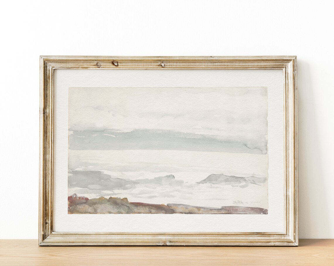 Muted Abstract Coastal Watercolor Tonal Gray Blue Shoreline Seascape Print - Image 2